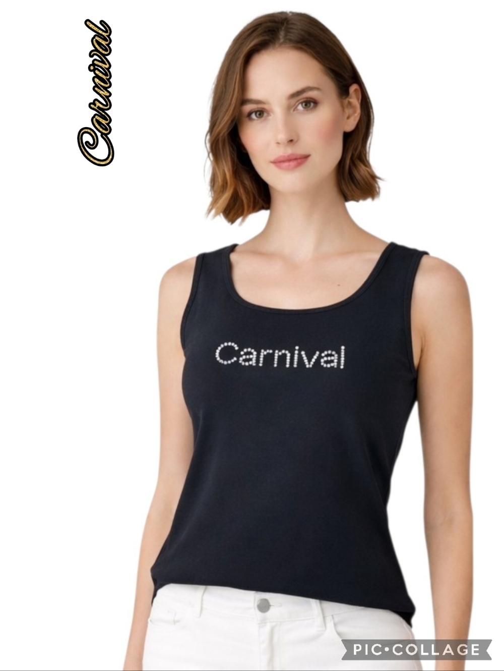 Carnival tank top black ribbed fabric silver rhinstones sleeveless nwot sz xl